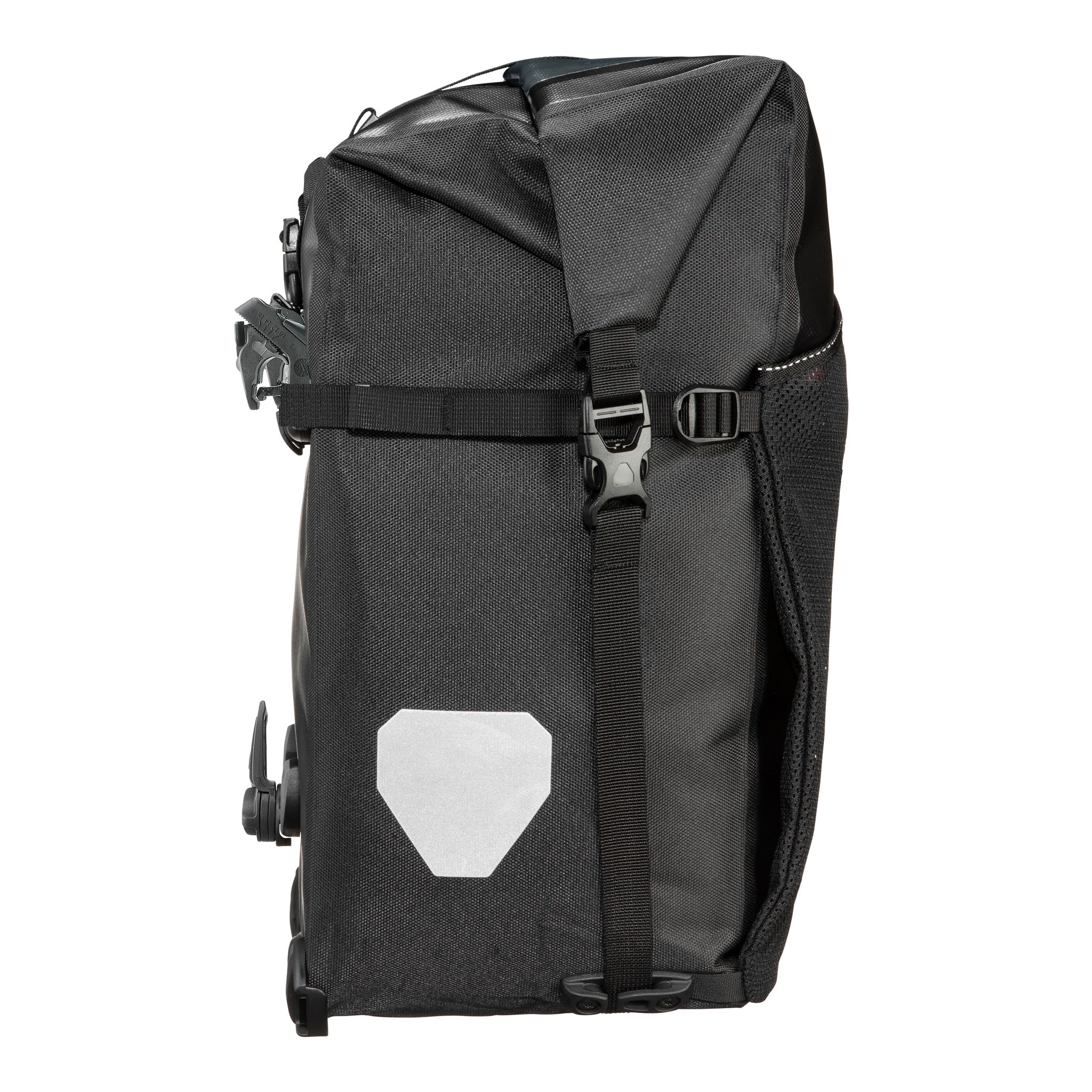 Seitenansicht der ORTLIEB Back-Roller XL QL2.2 in asphalt - black mit reflektierendem Element und Rollverschluss