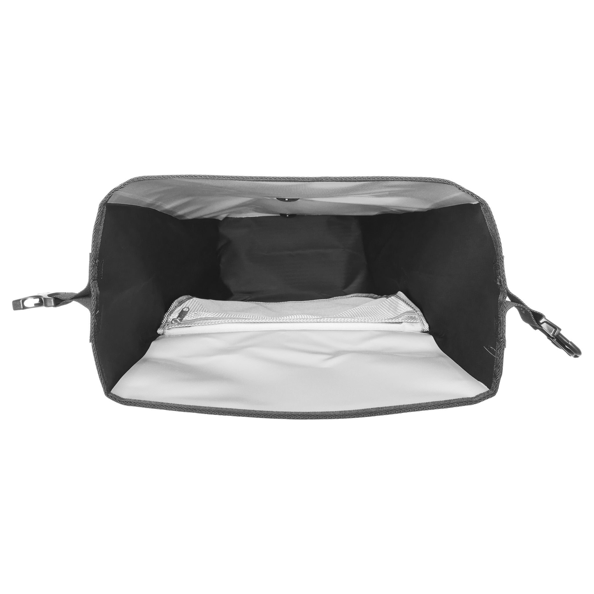 Innenansicht der ORTLIEB Back-Roller Design Tasche in design "Morning Routine" mit Netzfach und Reißverschluss