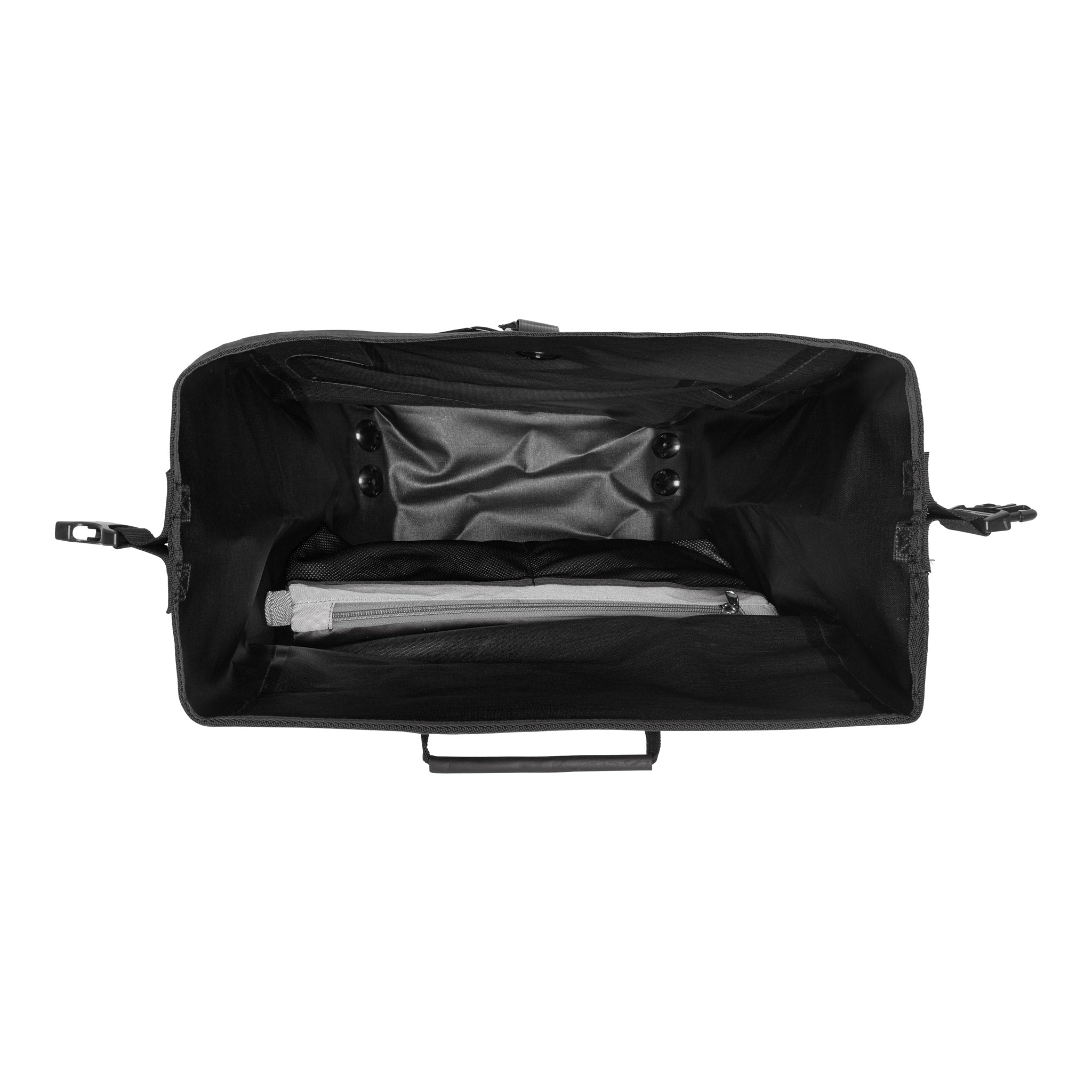 Innenansicht der ORTLIEB Back-Roller XL Plus QL2.2 in granite - black mit großem Hauptfach und Reißverschlusstasche