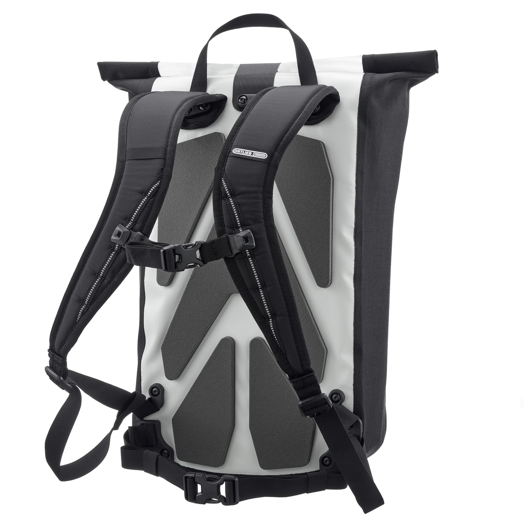 Rückansicht des ORTLIEB Velocity Design Rucksacks mit gepolstertem Rückenteil und Brustgurt